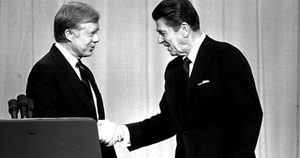 Pres. Carter and R. Reagan shaking hands