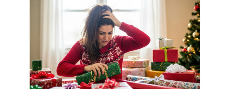 Woman looking stressed while wrapping holiday gifts.