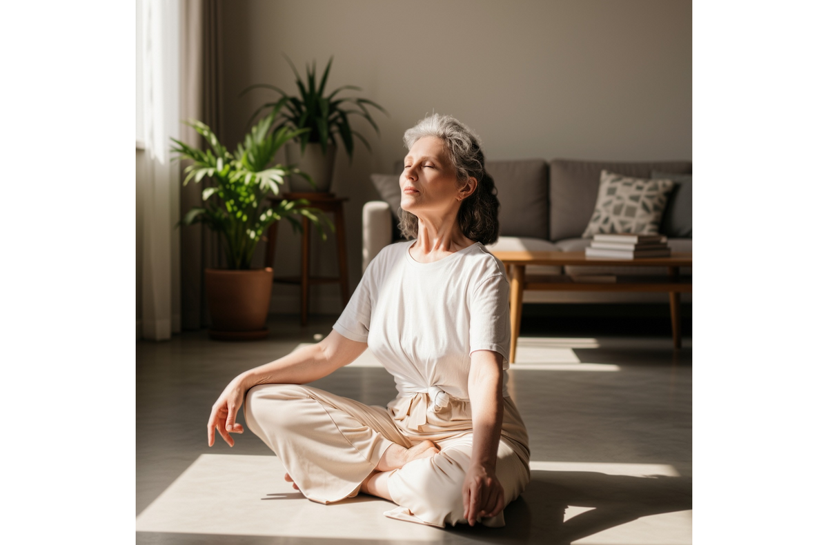 Older woman meditating sitting on floor