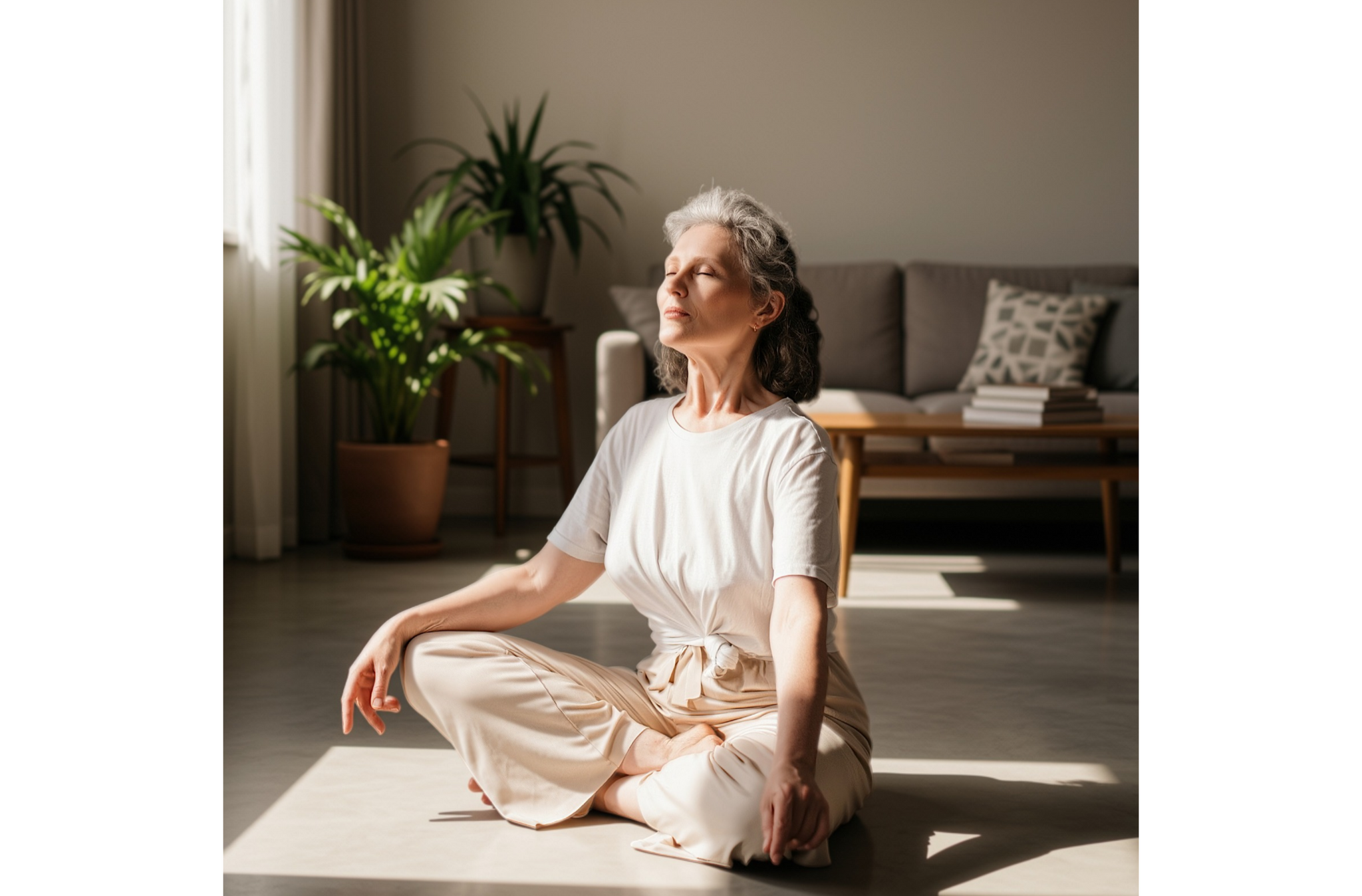 Older woman meditating sitting on floor